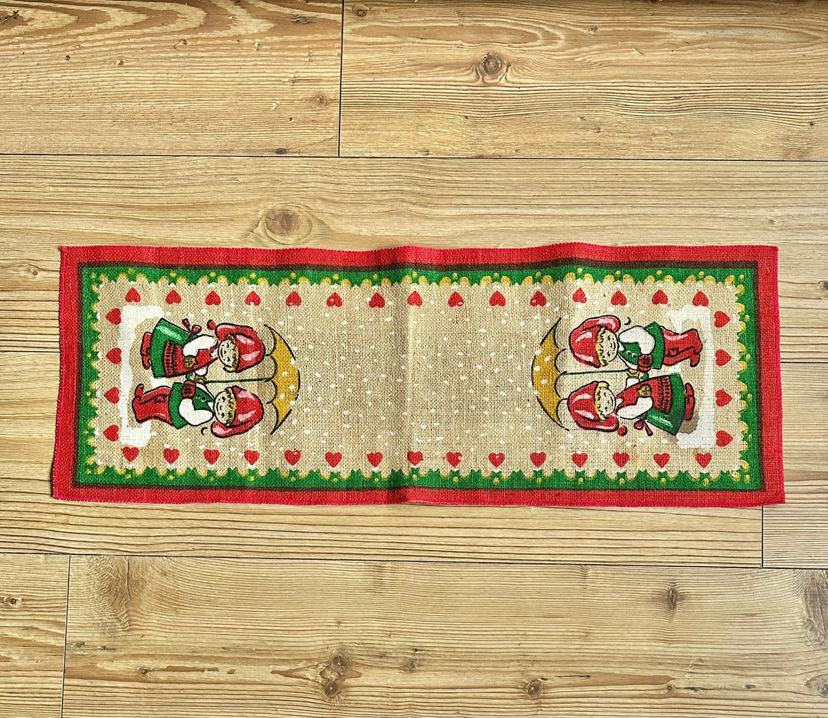 Vintage Juleduk løper i jute - nydelig motiv