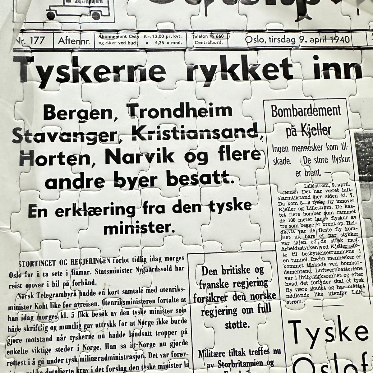 Aftenposten 9. April 1940 fremsiden som Puslespill