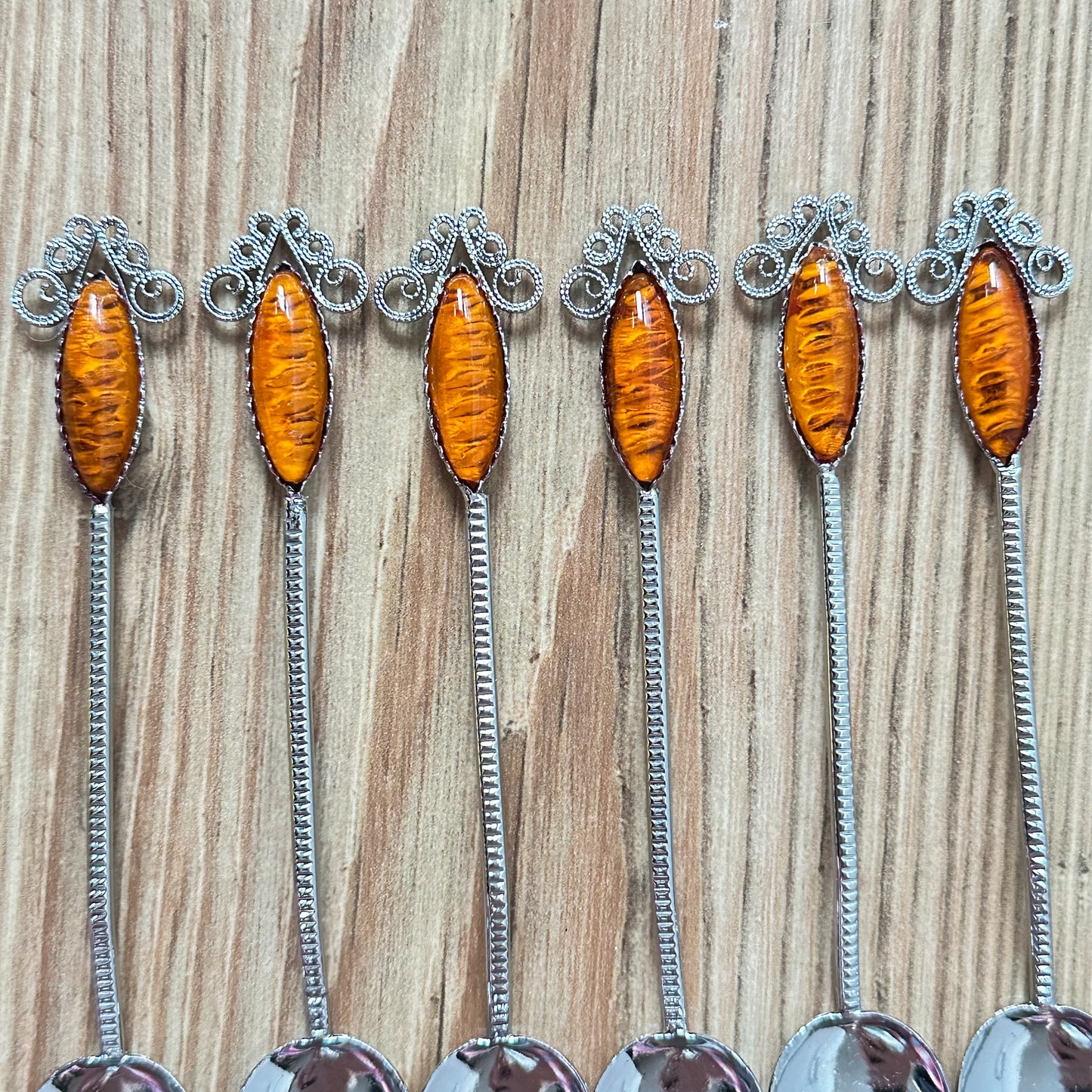 6 stk unike kaffeskjeer med rav i original eske - vintage