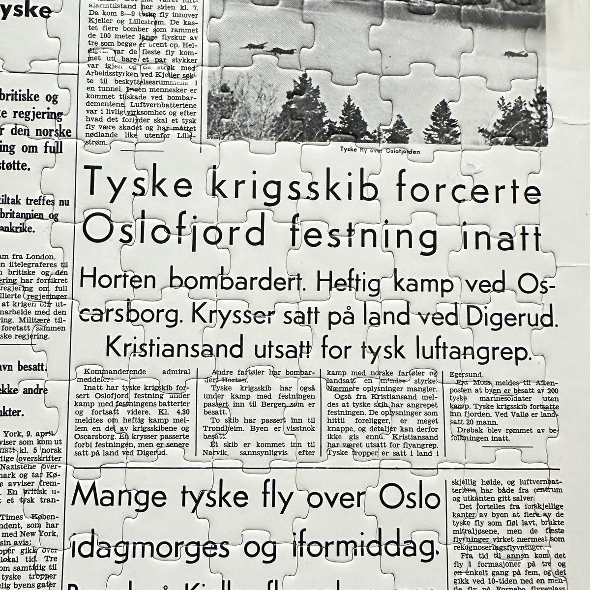 Aftenposten 9. April 1940 fremsiden som Puslespill