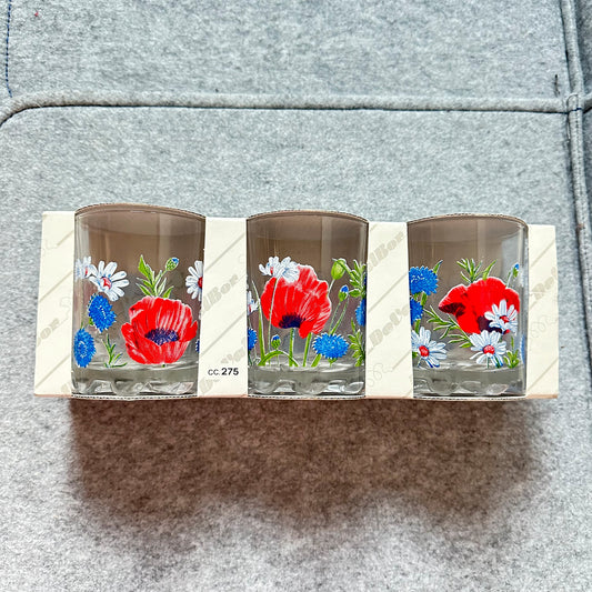 Vintage drikkeglass med stilige blomster - Nye i forpakning !