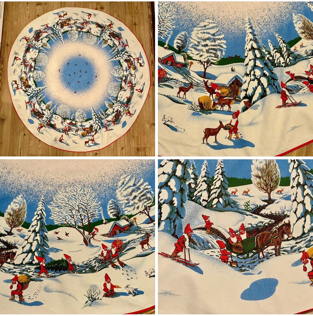 Stor flott juleduk med nydelig nissemotiv - vintage (Ø: 153cm)