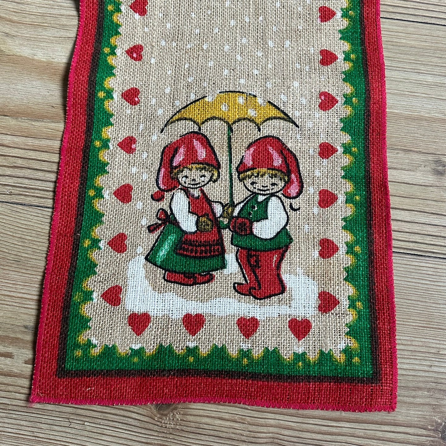 Vintage Juleduk løper i jute - nydelig motiv