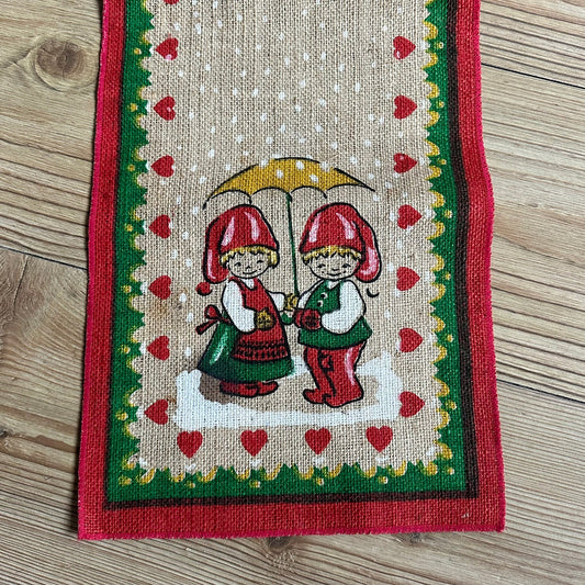 Vintage Juleduk løper i jute - nydelig motiv
