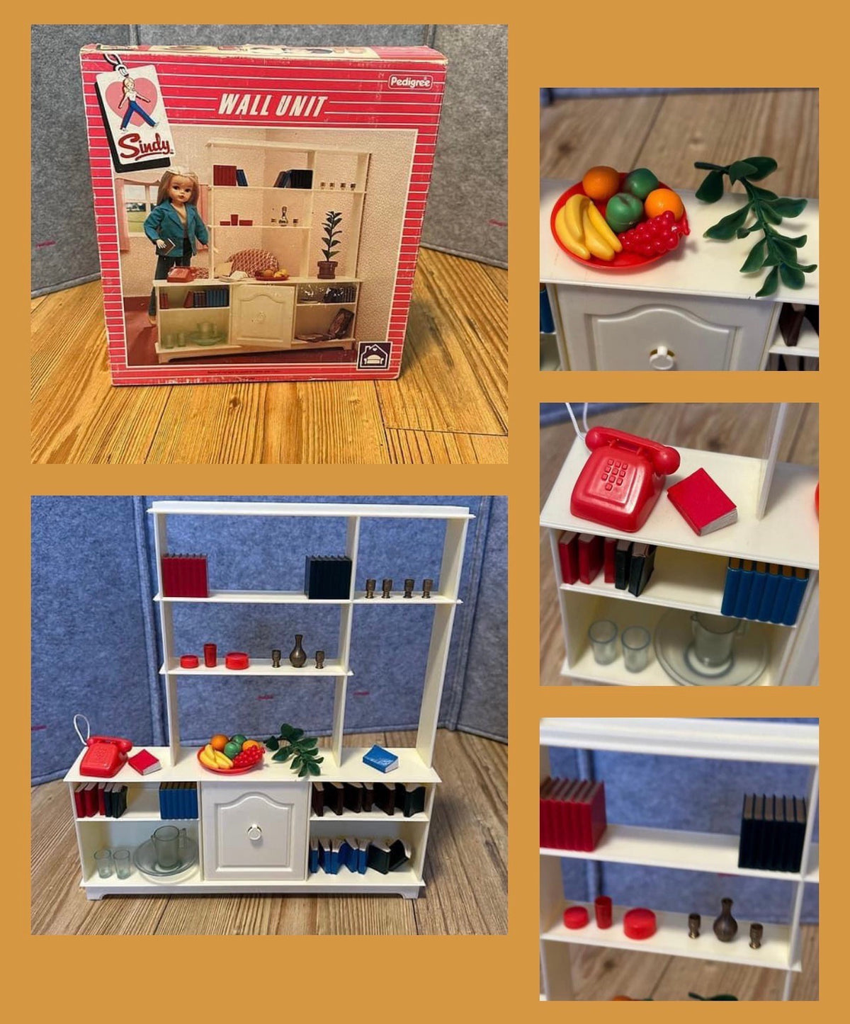 Vintage Sindy fra 1984 - Bokhylle med masse tilbehør i original esken