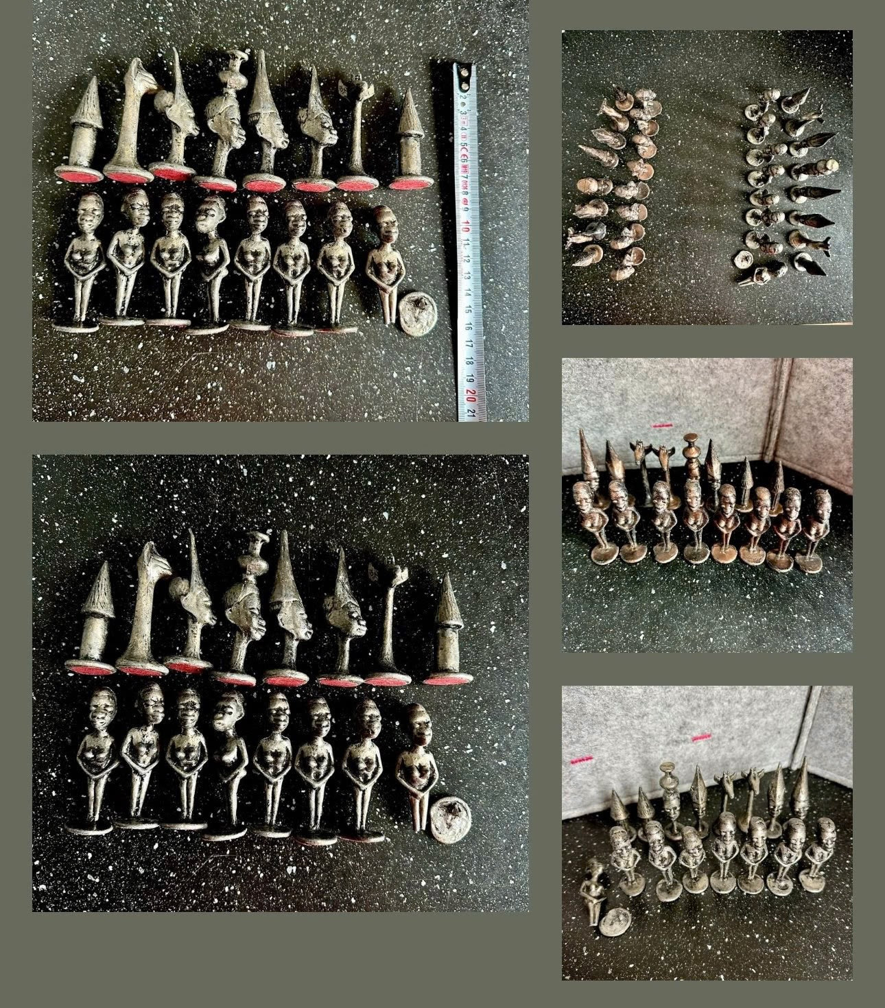 Vintage Svært sjeldent afrikansk Makonde-sjakk-figurer i metall.