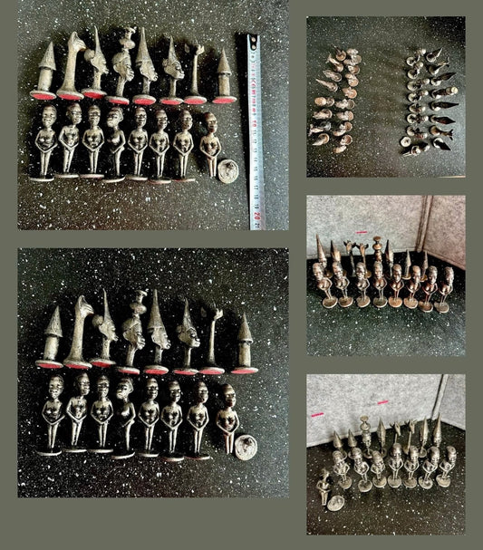 Vintage Svært sjeldent afrikansk Makonde-sjakk-figurer i metall.