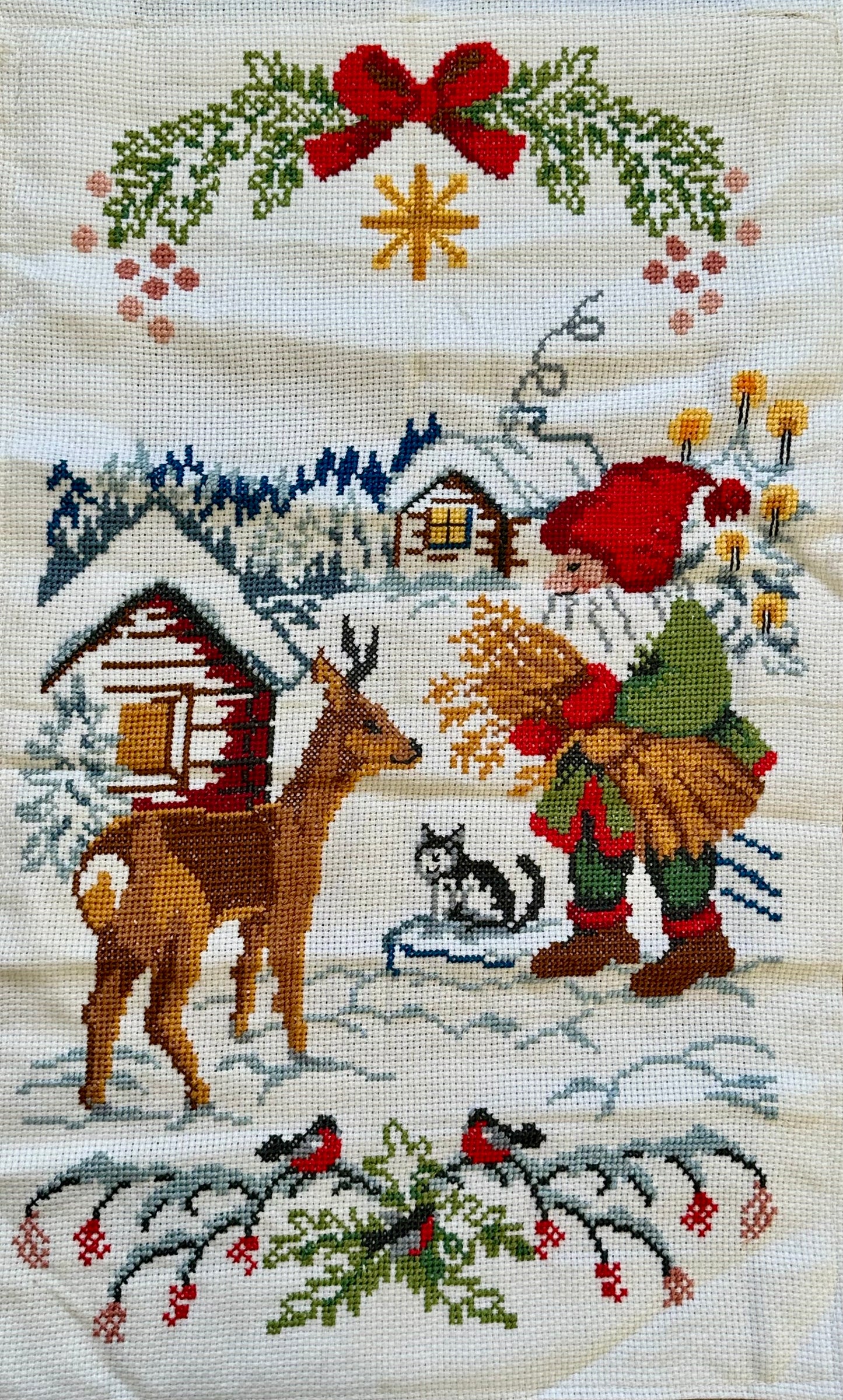 Brodert bilde med Nissen og rådyr, nydelig bilde